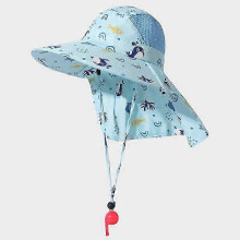 (blue)Kids Sun Hat With Whistle And Neck And Ear Cover Anti-uv Fisherman Hat For Girls And Boys For Summer Beach