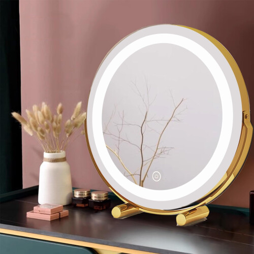 LED Makeup Mirror with 360 Rotation Touch Screen Three Light Modes USB Charging Gold 19.7'x21.3'