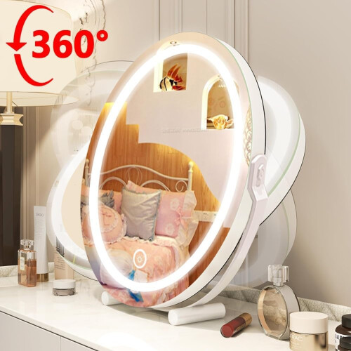 LED Makeup Mirror with 360 Rotation Touch Screen Three Light Modes USB Charging Gold 19.7'x21.3' 2