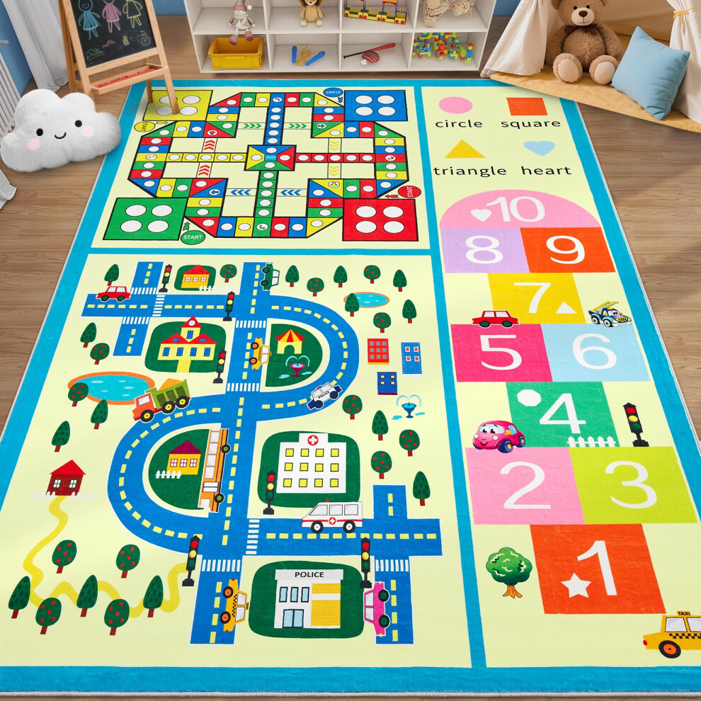 Kids Playroom Rug 4x6 NonSlip Washable Hopscotch Mat with City Road Design and Educational Graphics