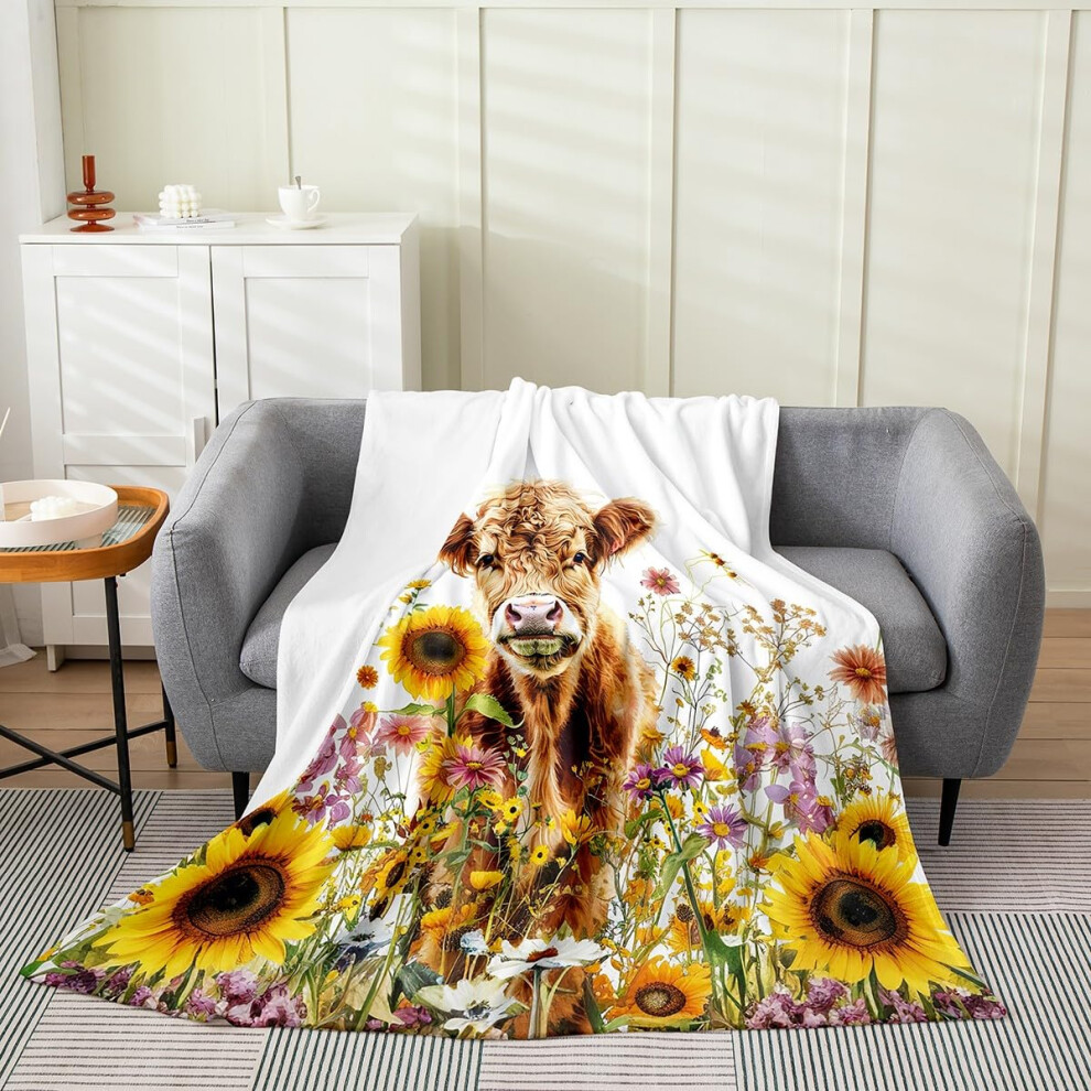 Soft Flannel Blanket 30X40 For Baby, Cozy Highland Cow Fleece Throw For Sofa Bed And Farmhouse Decor White/Brown/Yellow