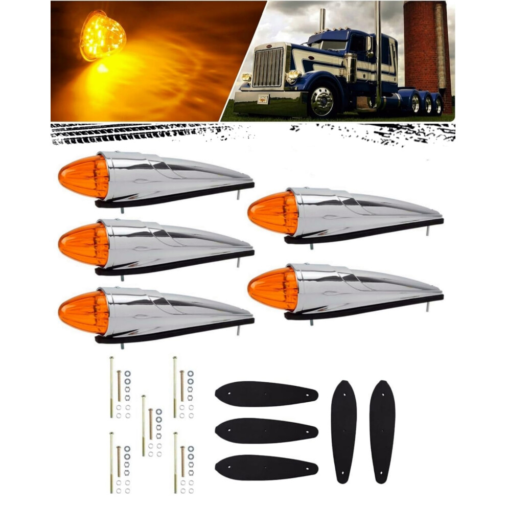 5Pcs Led Cab Marker Roof Running Lights Chrome Heavy Duty 17 Led For Kenworth Peterbilt Freightliner Amber 9070919789380