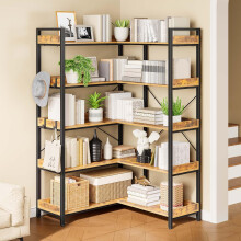 Corner Bookshelf 5 Tier Space Saving Design with Hooks for Bedroom and Office Storage