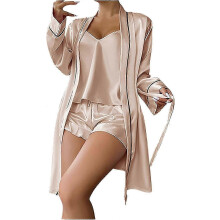 (XL,Champagne)Women's 3 Piece Satin Pajama Set Camisole Top And Shorts Pajama Set With Robe
