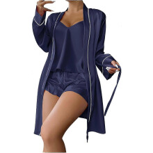 (L,Navy blue)Women's 3 Piece Satin Pajama Set Camisole Top And Shorts Pajama Set With Robe