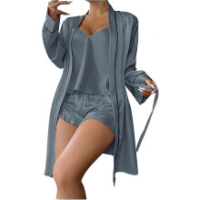 (S,Smoky gray)Women's 3 Piece Satin Pajama Set Camisole Top And Shorts Pajama Set With Robe