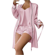 (XL,Pink)Women's 3 Piece Satin Pajama Set Camisole Top And Shorts Pajama Set With Robe