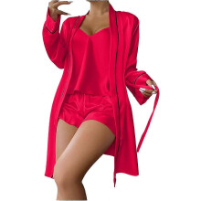 (S,Red)Women's 3 Piece Satin Pajama Set Camisole Top And Shorts Pajama Set With Robe