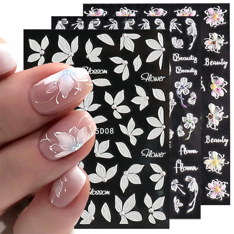 White/Pink 5D Embossed Flower Nail Art Stickers And Cherry Blossom Decals 6Pcs For Manicure