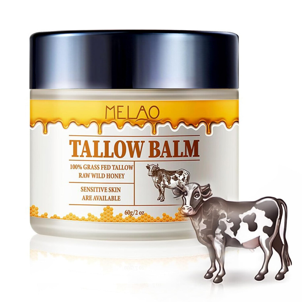 Organic Grass Fed Beef Tallow Balm with Raw Honey, Unscented Deep Hydration for Dry Face and Body, 2oz