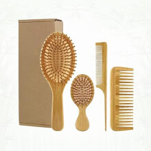 Bamboo Hair Brush and Comb Set 4pcs AntiFrizz Paddle and WideTooth Natural Wooden for All Hair Types