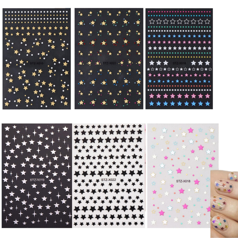 Nail Art Stickers 3D SelfAdhesive Star Nail Decals Silver Gold Black White for DIY Manicure 6pcs
