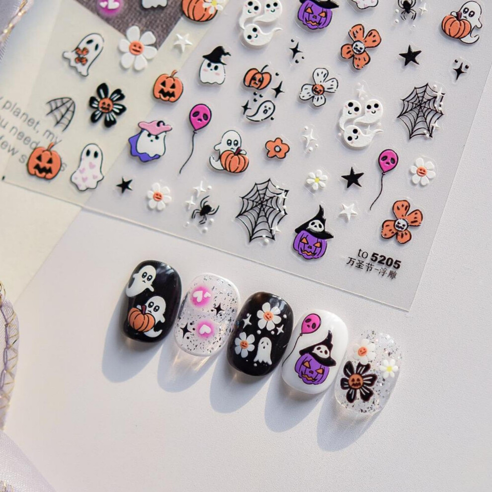 5D Nail Art Stickers Embossed SelfAdhesive Halloween Ghost Flower Spider Web Decals for DIY Manicure