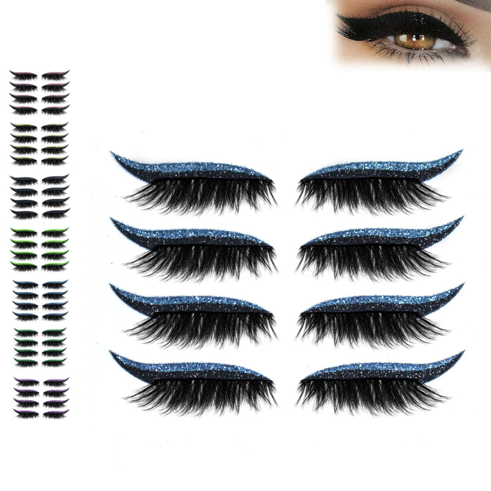Blue 2In1 Eyeshadow With False Eyelashes, Reusable Lazy Eye Makeup Stickers, 4 Pairs