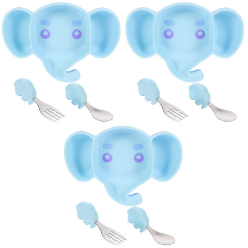 3Pcs Infant Feeding Dinnerware Sky-Blue with Suction Base and Utensils 2