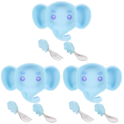 3Pcs Infant Feeding Dinnerware Sky-Blue with Suction Base and Utensils 1