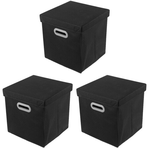 3Pcs Black Fabric Storage Boxes with Lids Foldable Clothes Organizer 2