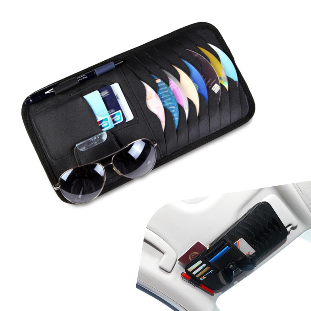 Leather Car Sun Visor Organizer With Cd Holder, Multipocket Universal Fit, Sunglasses And Pen Storage, Black 9070919793554