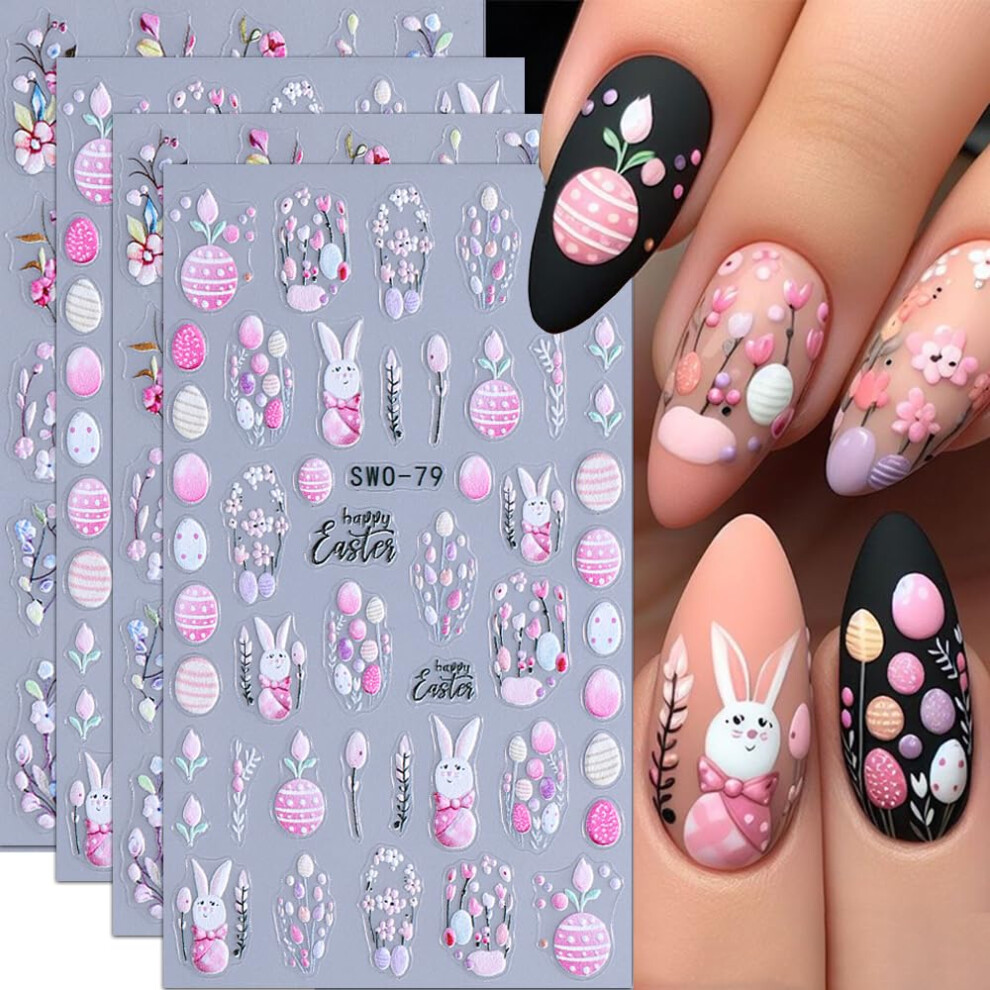 Easter Nail Art Stickers 5D Rabbit and Floral Spring Decals SelfAdhesive DIY Manicure 4PCS