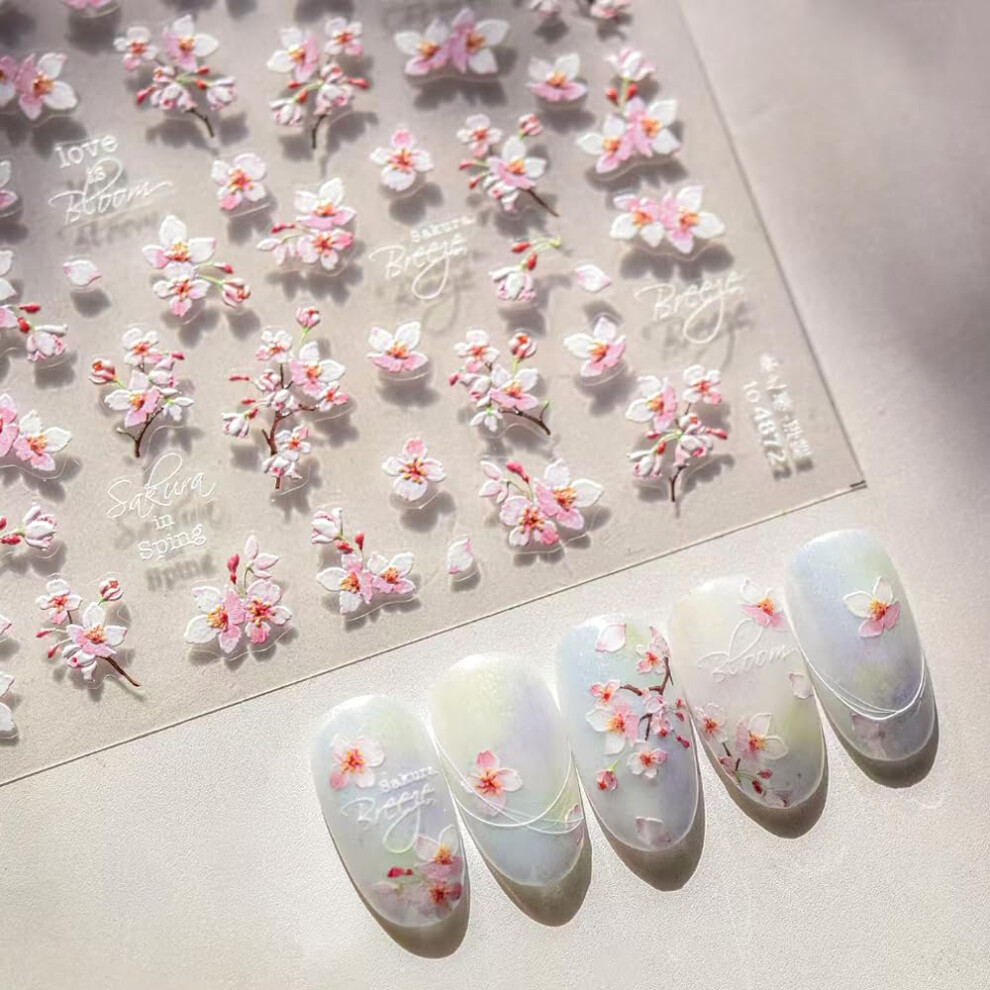 Cherry Blossom 5D Embossed Floral Nail Art Stickers SelfAdhesive Decals for Spring Summer Manicure