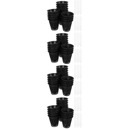 4Sets Plastic Hydroponic Net Pots Black Mesh Cups with Plant Markers 2