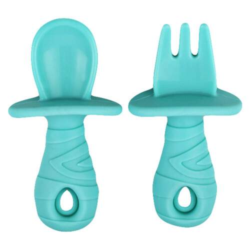 3Pcs Durable Silicone Baby Fork and Spoon Green Infant Dinnerware Set