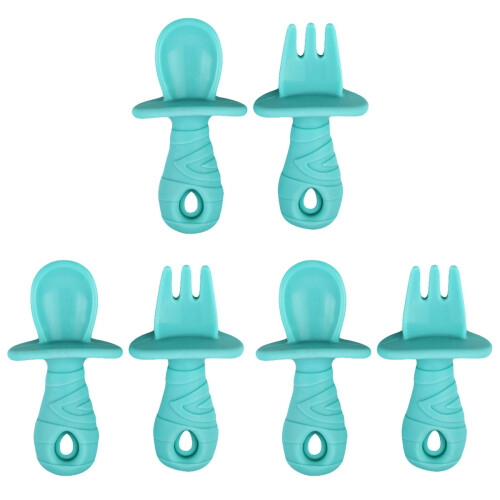 3Pcs Durable Silicone Baby Fork and Spoon Green Infant Dinnerware Set 1