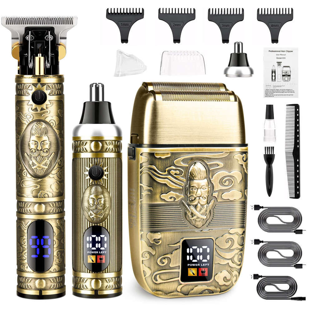 Bronze Electric Shaver For Men With Precision Carbon Steel Blades, Cordless Tblade Clippers, Lcd Grooming Kit