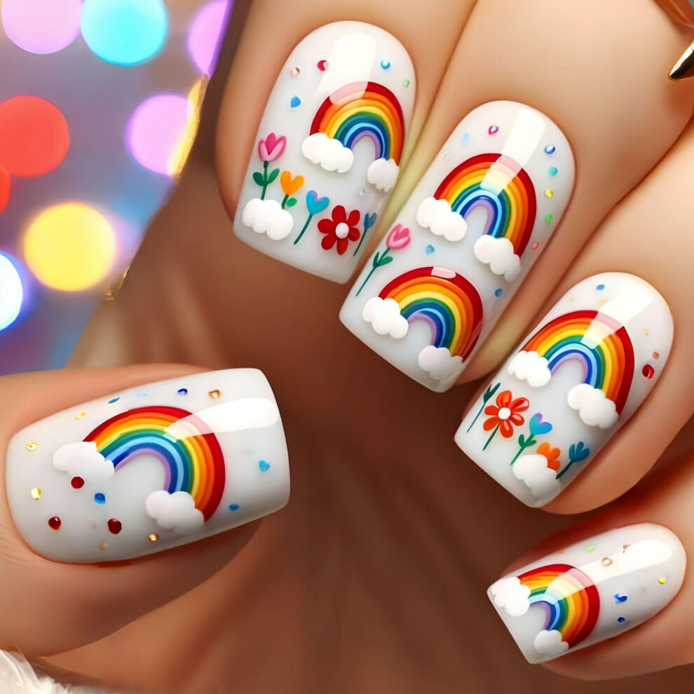Rainbow Press On Nails Square Fake Nails for Women Colorful Design Reusable 24PCS