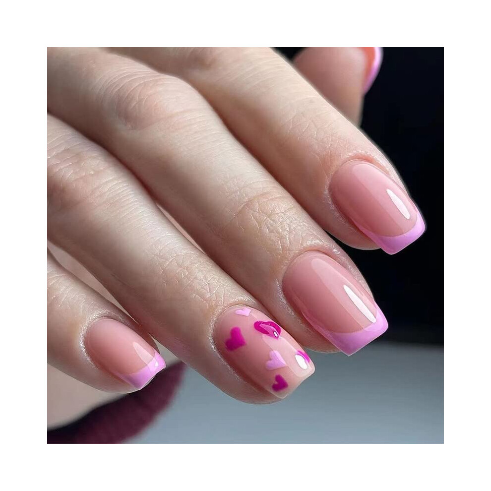 Pink Heart Square French Tip Press On Nails for Valentine's Day, 24pcs Fake Nails with Glue