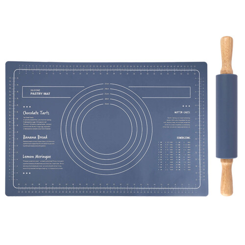 2Sets Multi-Function Blue Silicone Dough Mat with Wooden Rolling Pin