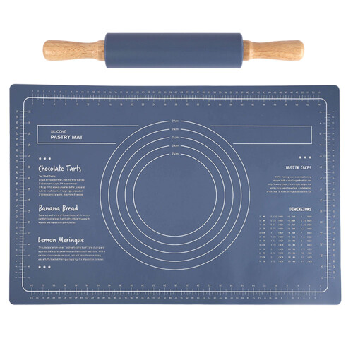 2Sets Multi-Function Blue Silicone Dough Mat with Wooden Rolling Pin 2