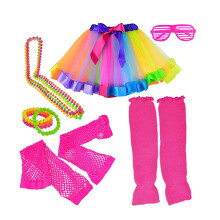 3Sets Damen Party Outfit Neon Schmuck Brille Rock 80S Fishnet Rosy Set