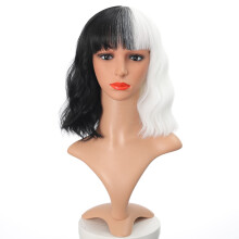 Half Black Half White Short Wavy Bob Wig with Bangs, 12 Inch Two Tone Synthetic Cosplay Wig for Girls