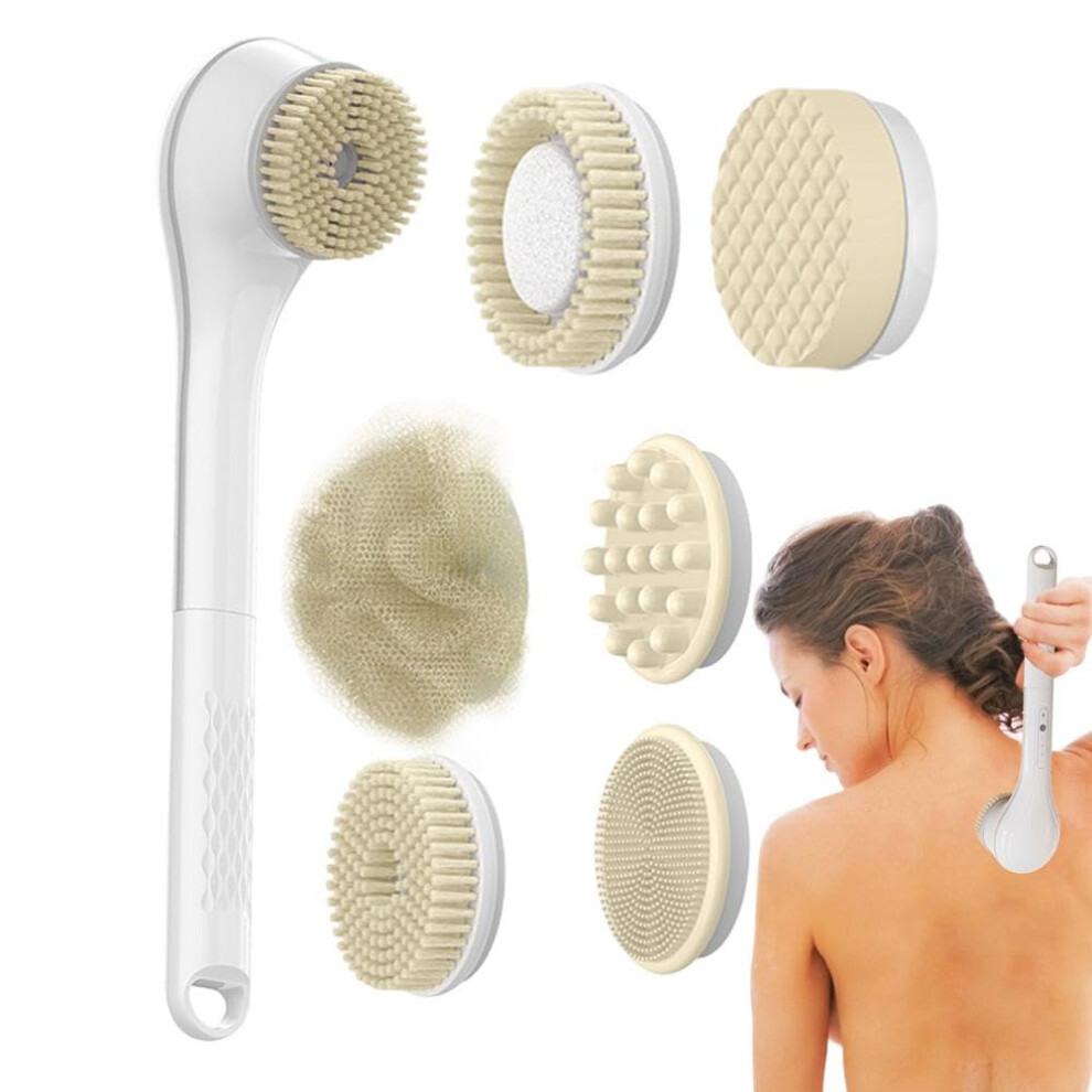 White Electric Shower Brush With Long Handle, 6 Heads, 360 Dual Rotation, 3Speed Ipx7 Body Scrubber