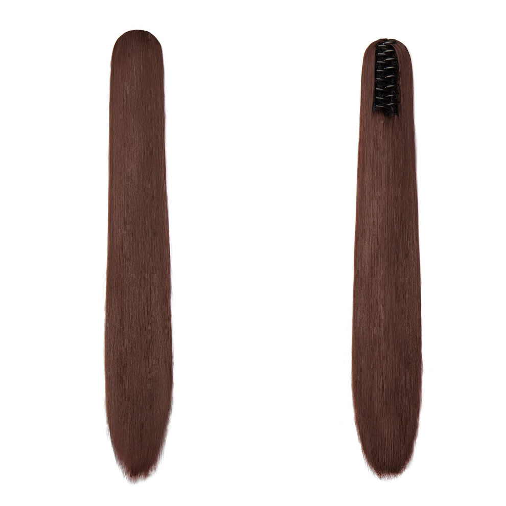 Ponytail Extension Long Straight Clip in Claw Hairpiece 22 Inch Synthetic Natural Looking Dark Auburn