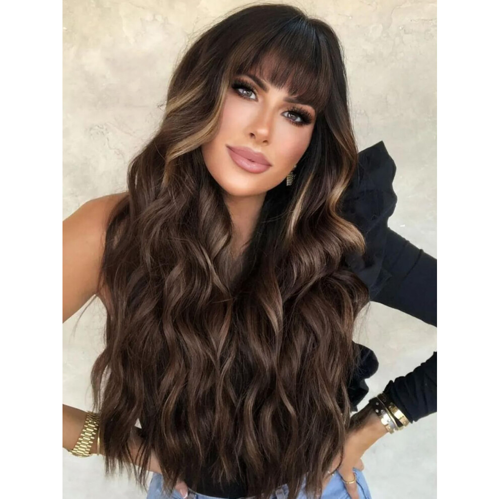 Unisex Brown Long Wavy Mixed Blonde Wig For Women With Bangs, HeatâResistant Synthetic Hair, Natural Highlights