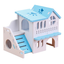 2Pièces Maison Hamster Bois Naturel Jouet Éveil Double-Étage Bleu