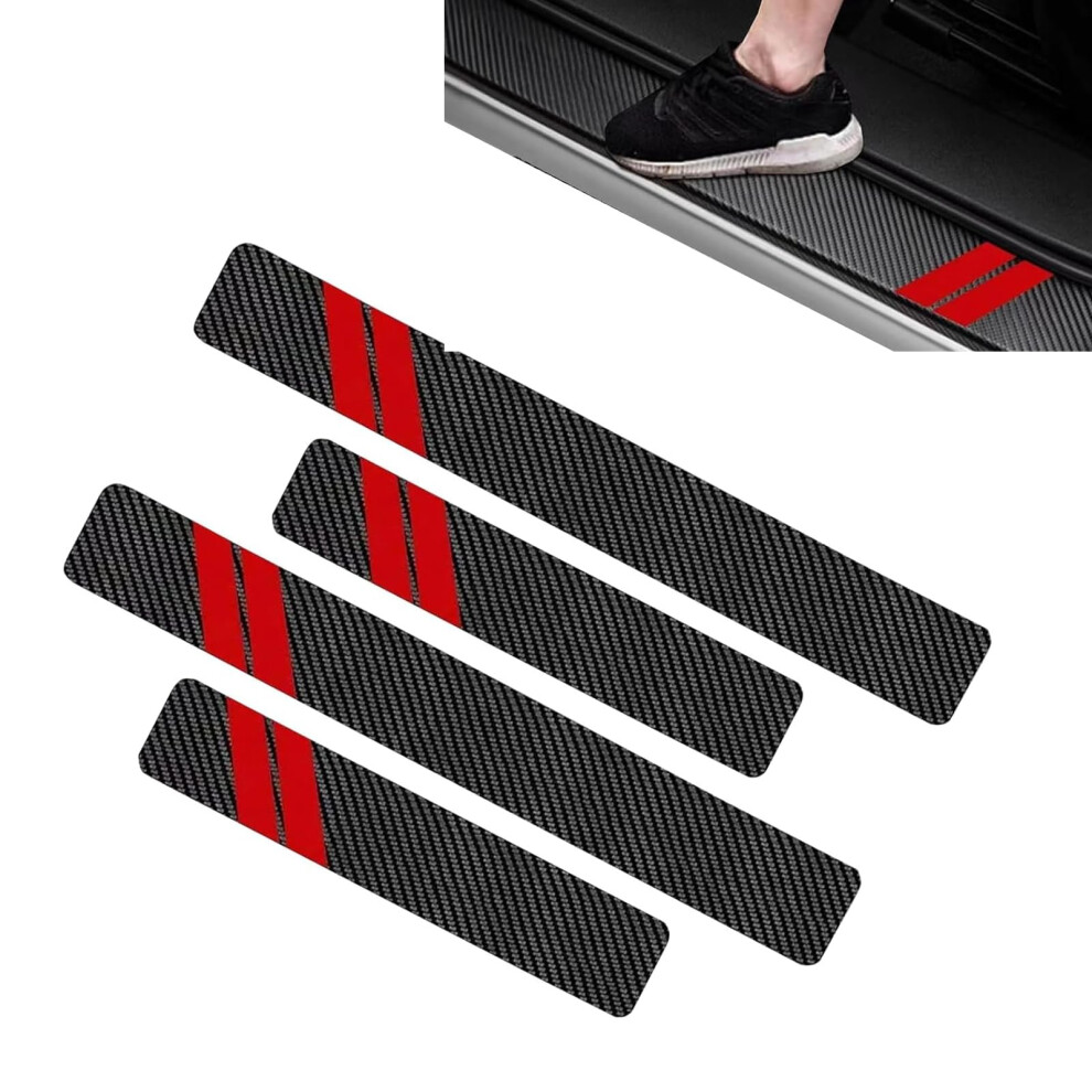 4Pcs Pu Leather Car Door Sill Protector, Carbon Fiber Stripes, Scratchresistant Universal Fit Red 9070919798566