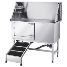 Baignoire pour Chiens en Acier Inoxydable-Duoku-127 cm avec Rampe, Filtre à Eau, Robinet, Douchette et Porte Latérale-Gauche