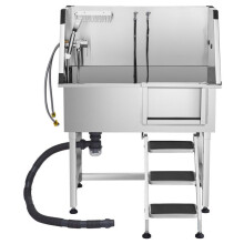 Baignoire pour Animaux en Acier Inoxydable-Duoku-96 cm avec Escalier à Droite, Robinet, Douchette-Porte Droite