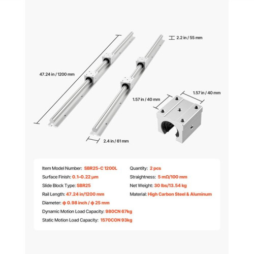 Guide lineari - DUOKU - SBR25-C 1200L - Ø25 mm - 1200 mm - 4 blocchi a sfere 1