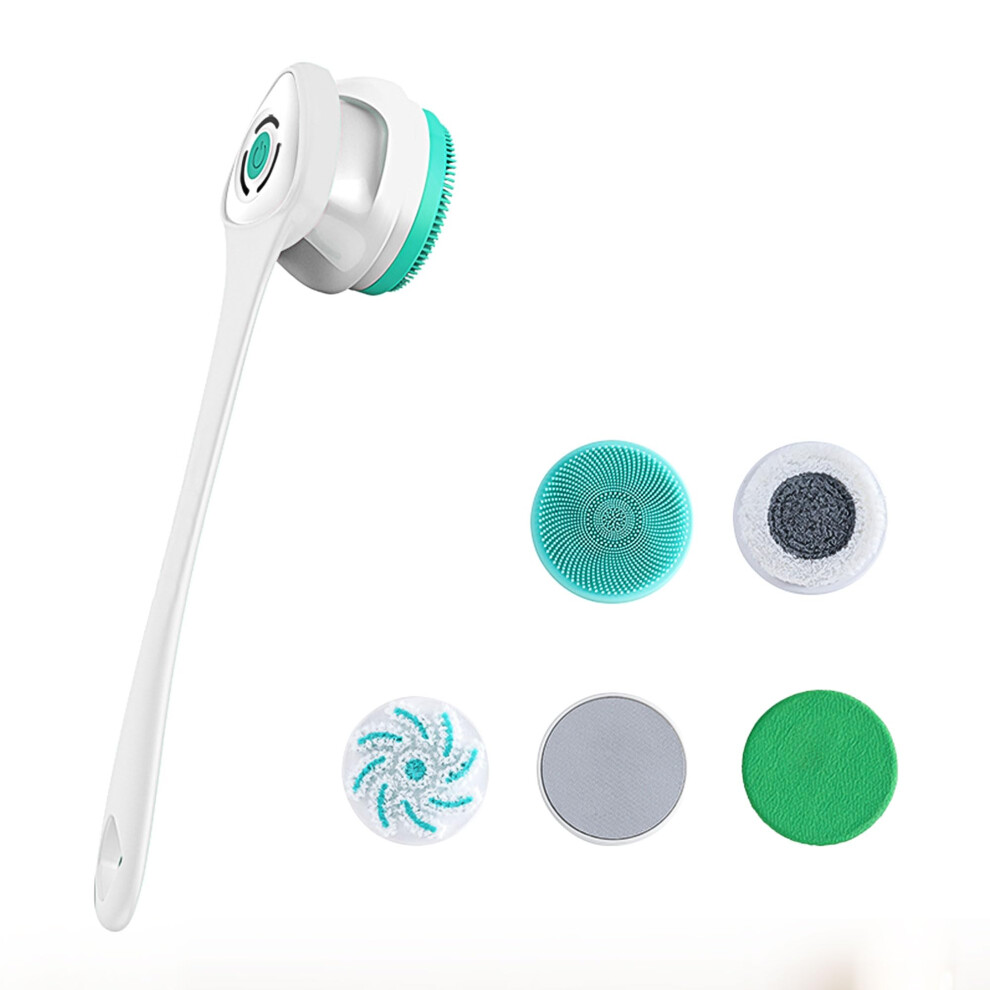 Electric Shower Brush with 5 Heads, Long Handle, 3 Speeds, Rechargeable Waterproof Body Cleaner