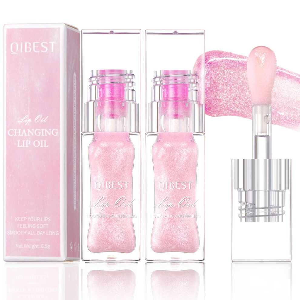 Pink,Clear Color Changing Lip Oil With Deep Hydration And Plumping Shine, Clear To Pink Lip Glow For Dry Lips