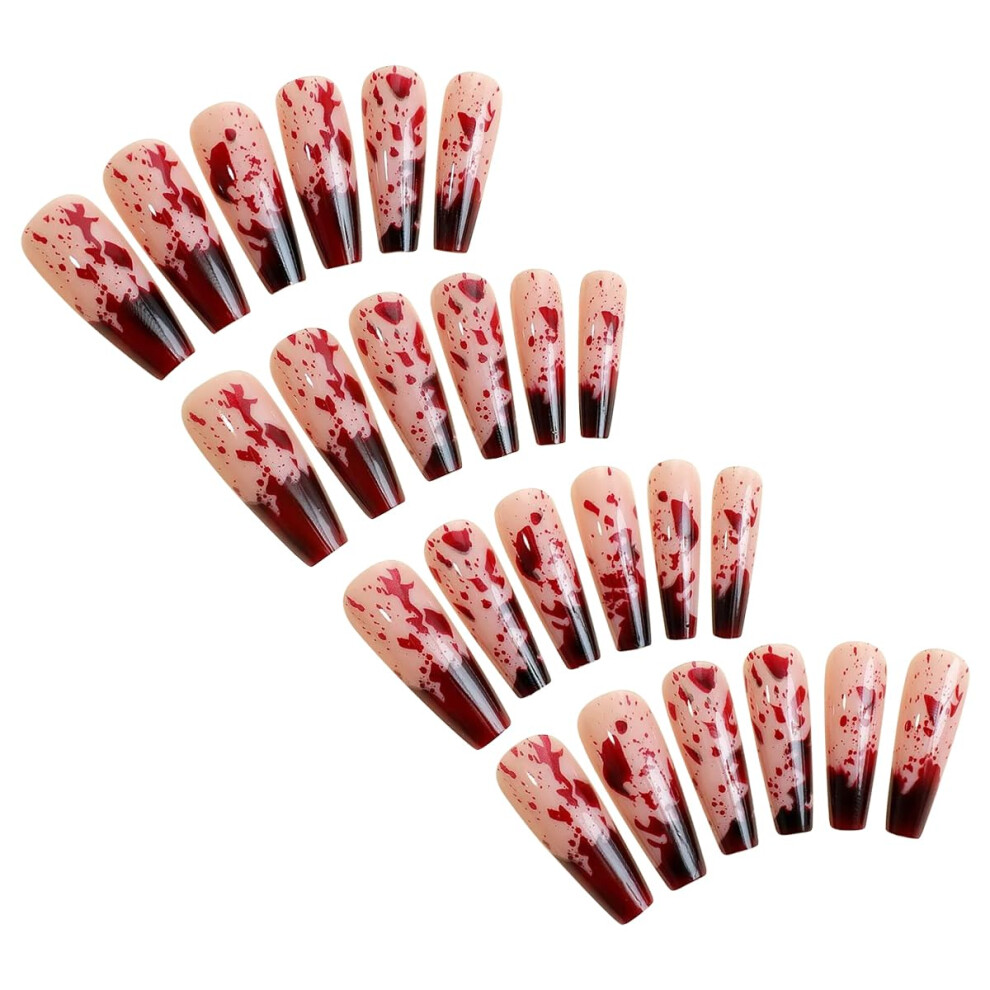 Halloween Bloodstain Press On Nails Long Coffin Acrylic False Nails with Adhesive Tabs for Women