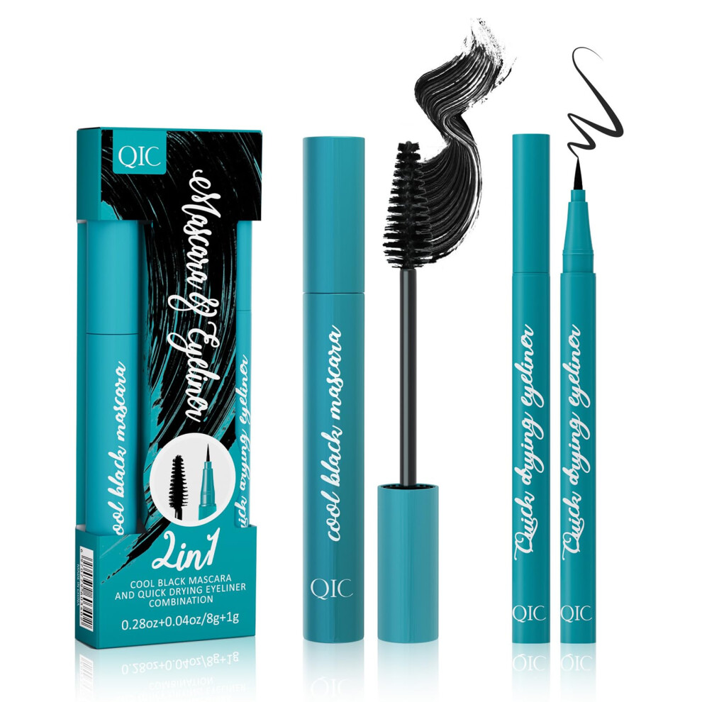 Waterproof Mascara and Liquid Eyeliner Set Long Lasting Smudge Proof with Precision Tip