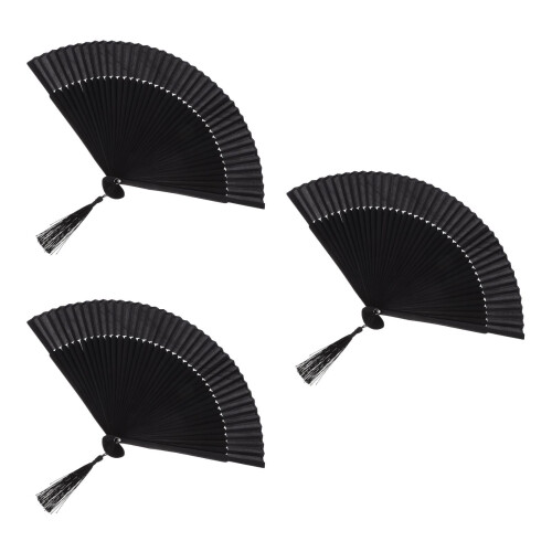 3Pièces Éventail Pliable Noir Bambou Soie Pour Robuste 1