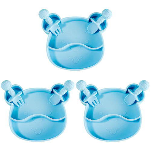 3Ensembles Assiettes Bébé Silicone Avec Compartiments Ours Mignon 1