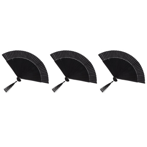 3Pièces Éventail Pliable Noir Bambou Soie Pour Robuste 2