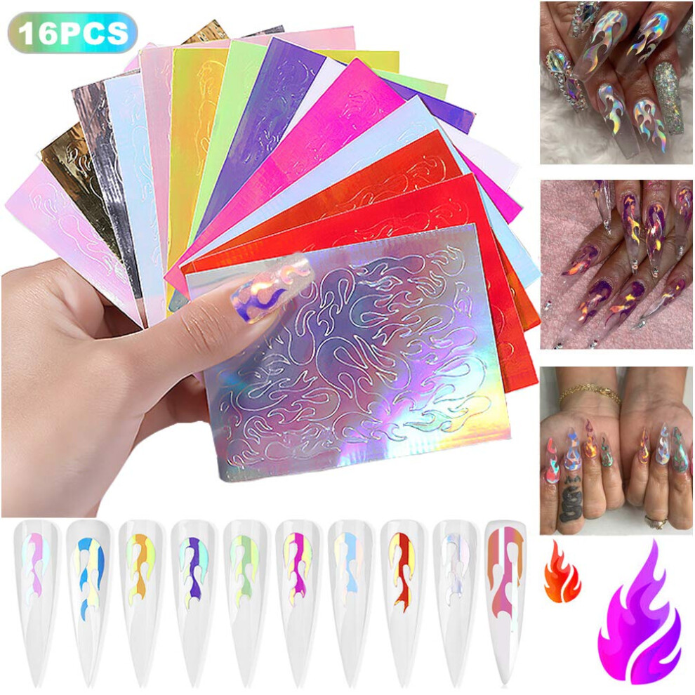 16PCS Holographic Flame Nail Stickers SelfAdhesive 3D Vinyl Decals for DIY Manicure Art